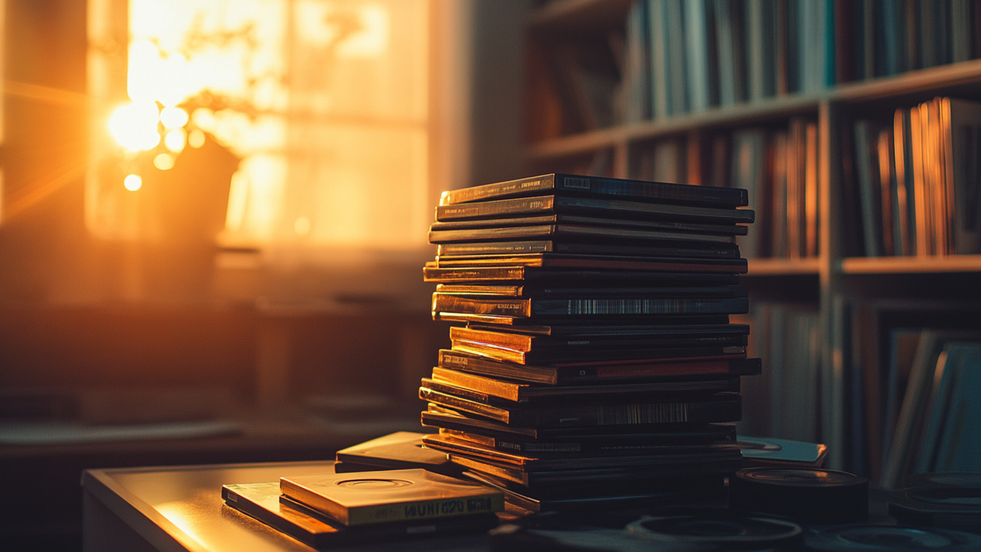Stapel von DVD's. Im Hintergrund ein Bücherregal. Warmes Licht kommt durch das Fenster