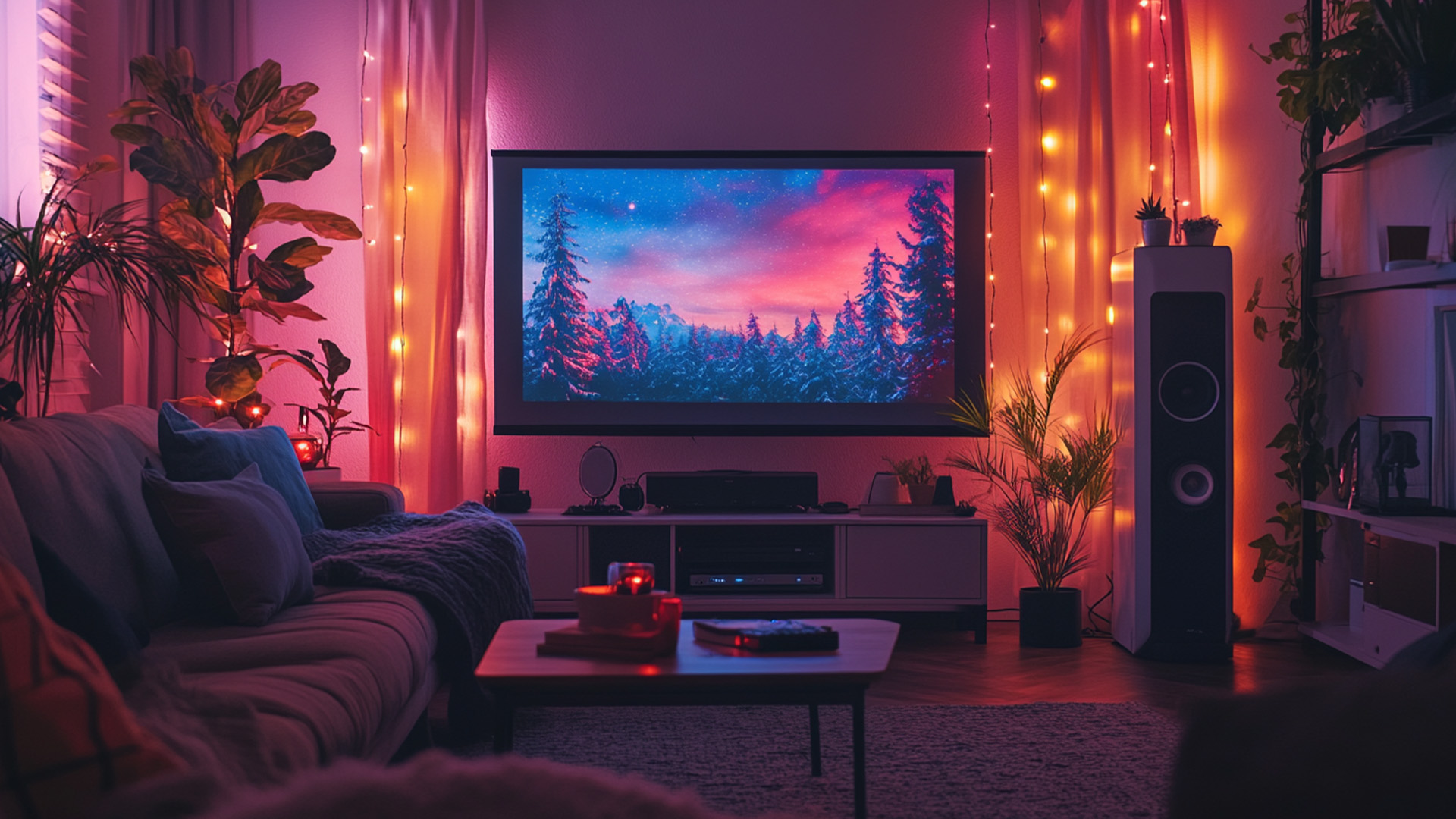 Wohnzimmer mit Lichterketten neben dem Fernseher, welche mit gelben und pinken Lichtern das Zimmer erleuchten.