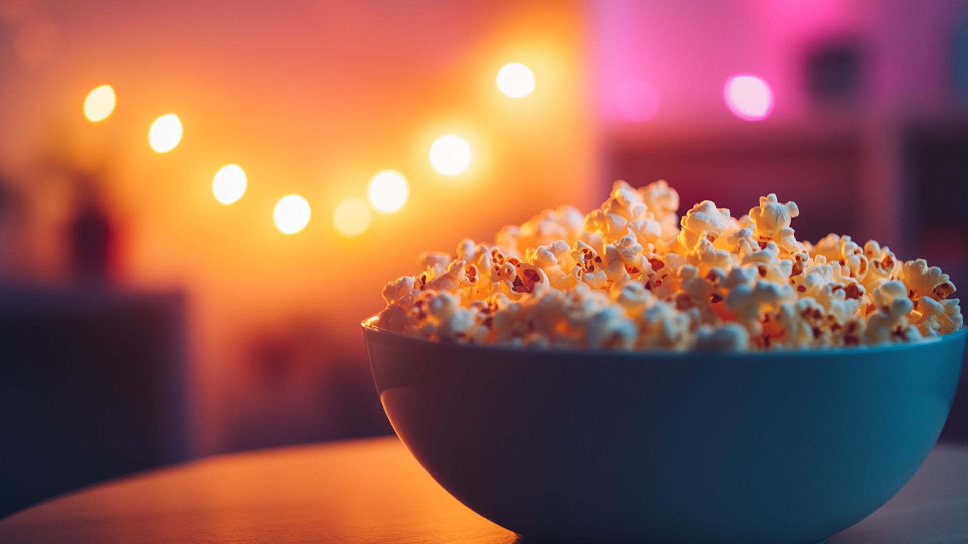 Eine Schüssel Popcorn auf einem Tisch. Im Hintergrund schein pinkes und gelbes Licht.